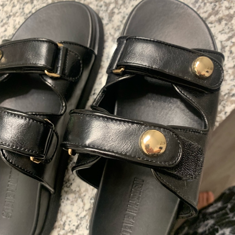 Steve Madden Black Slide Sandals with Gold Buckles